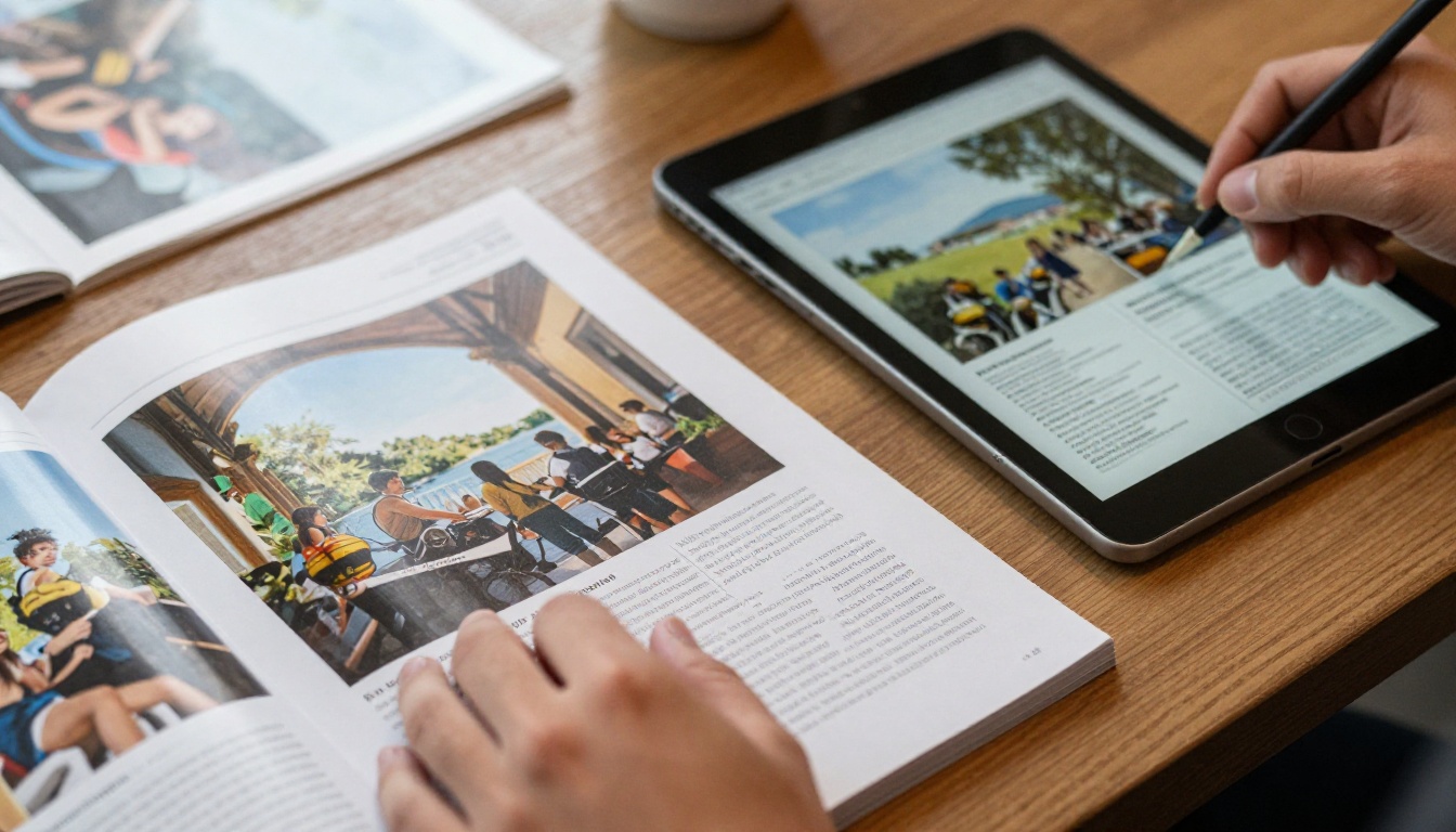 A publisher's hands flipping through a printed travel magazine beside a tablet showing a digital edition A publisher's hands flipping through a printed travel magazine beside a tablet showing a digital edition
