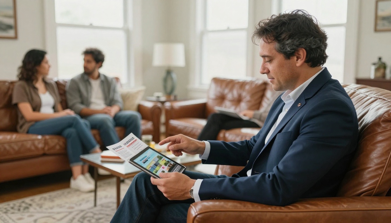 Real estate agent presenting a private property brochure on a tablet to a couple in a living room