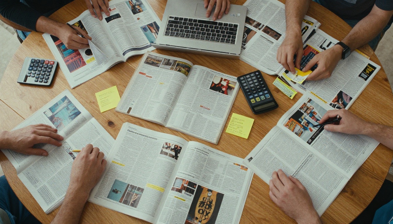 Aerial view of a wooden table covered with magazine layouts, a calculator, and a laptop Aerial view of a wooden table covered with magazine layouts, a calculator, and a laptop