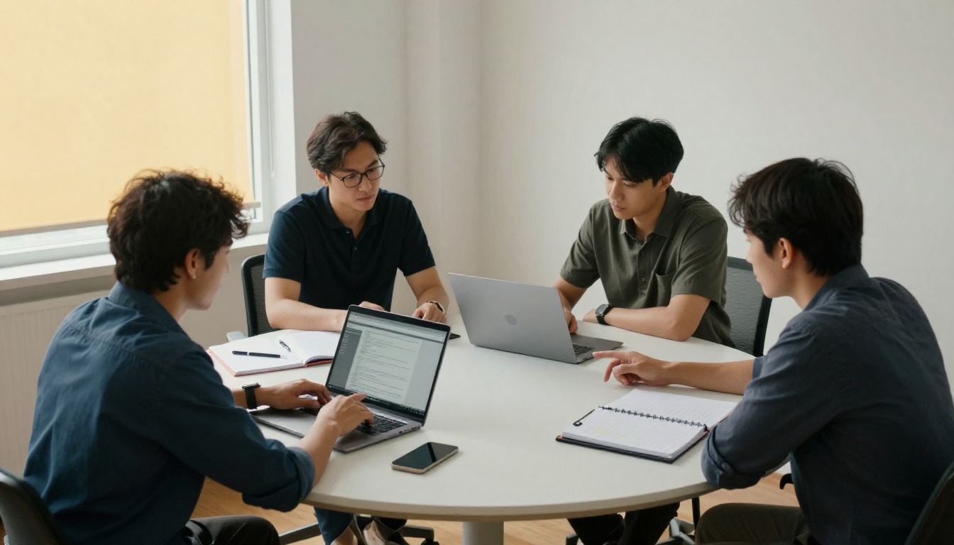 Team of four colleagues around a round table reviewing a report on a laptop