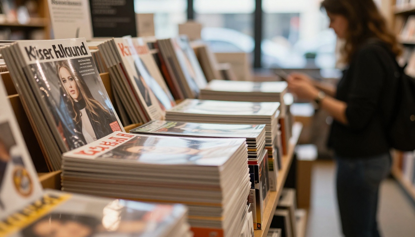 A woman browsing independent magazines on a bookstore shelf in warm afternoon light A woman browsing independent magazines on a bookstore shelf in warm afternoon light