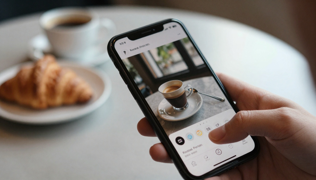 Hand holding a smartphone showing a digital brochure at a cafe table