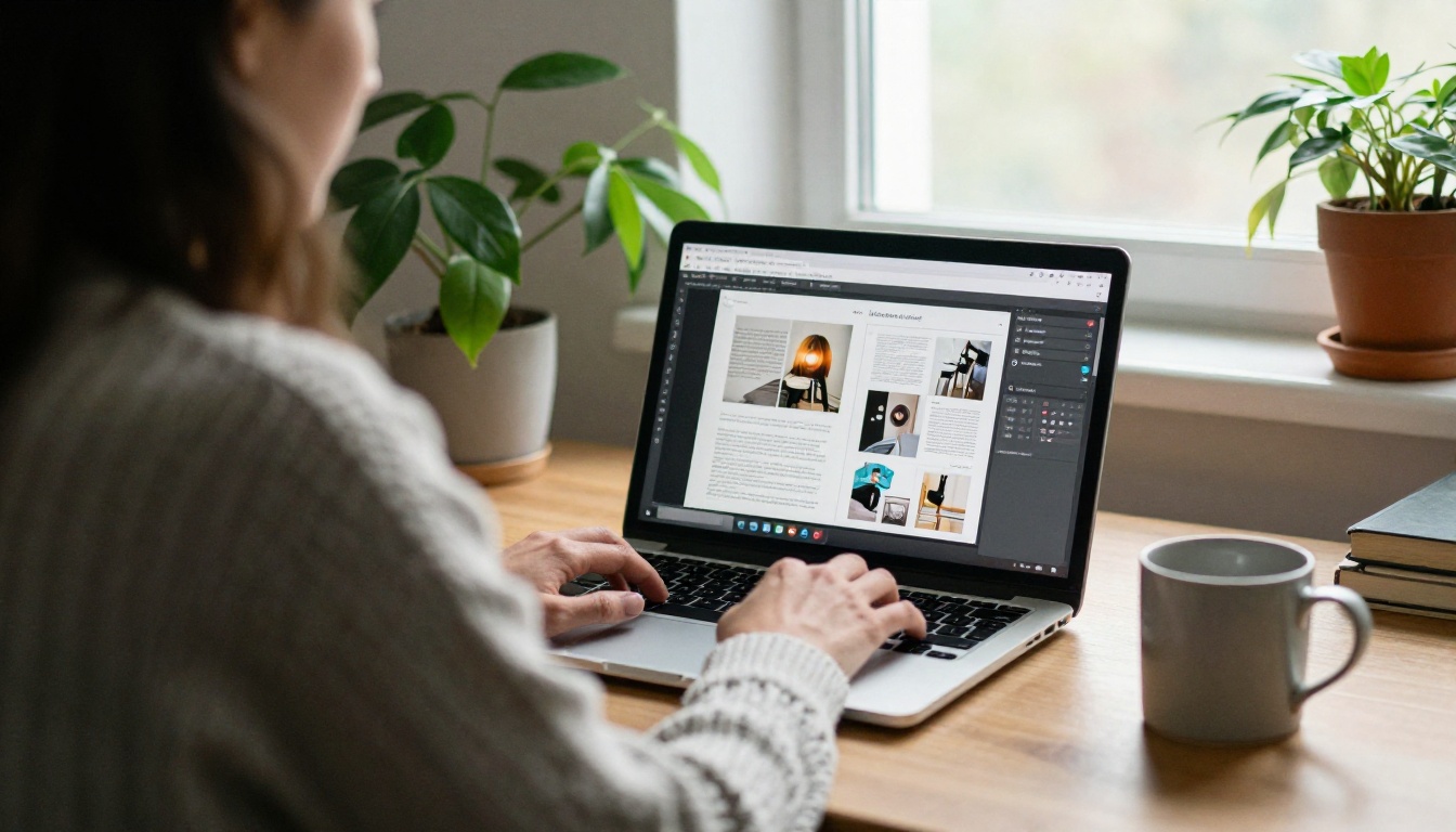 Over-the-shoulder view of a freelance editor exporting a magazine PDF on a laptop in a bright home office Over-the-shoulder view of a freelance editor exporting a magazine PDF on a laptop in a bright home office