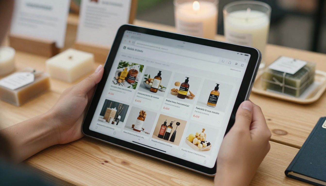 Hands holding a tablet showing a product catalog with tappable tags