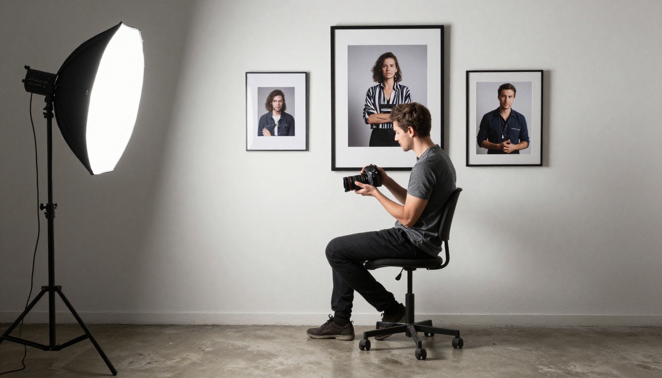 Freelance photographer checking a portfolio on a desktop monitor in a small studio