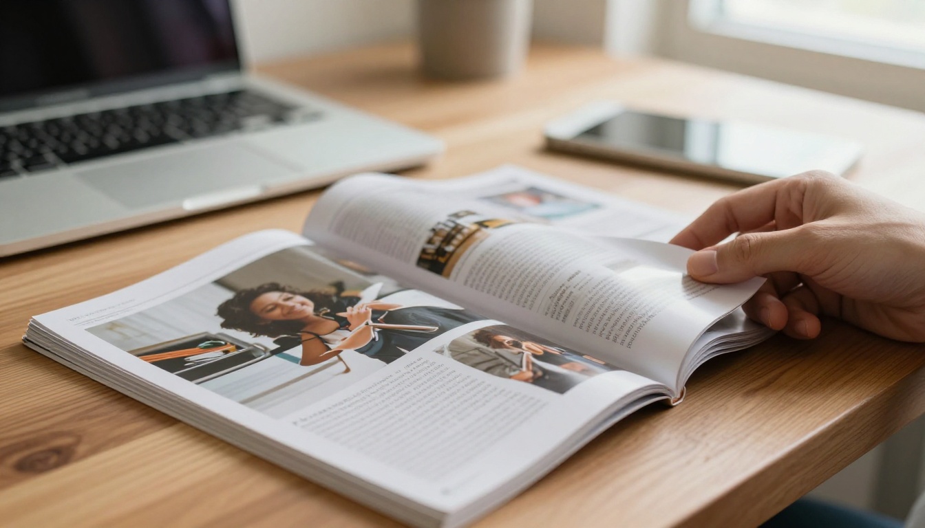 Hands flipping through a printed magazine on a walnut desk