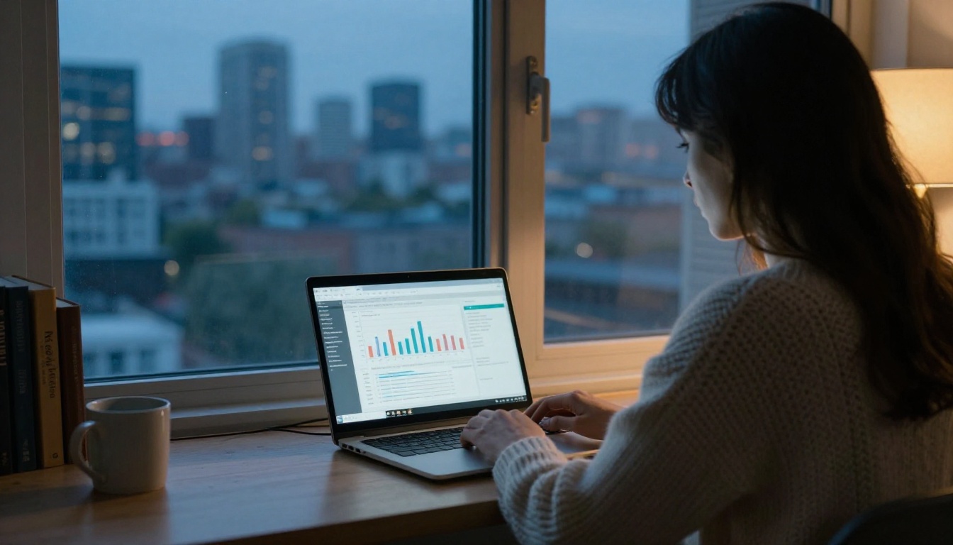 Woman at a standing desk reviewing analytics on a laptop at dusk