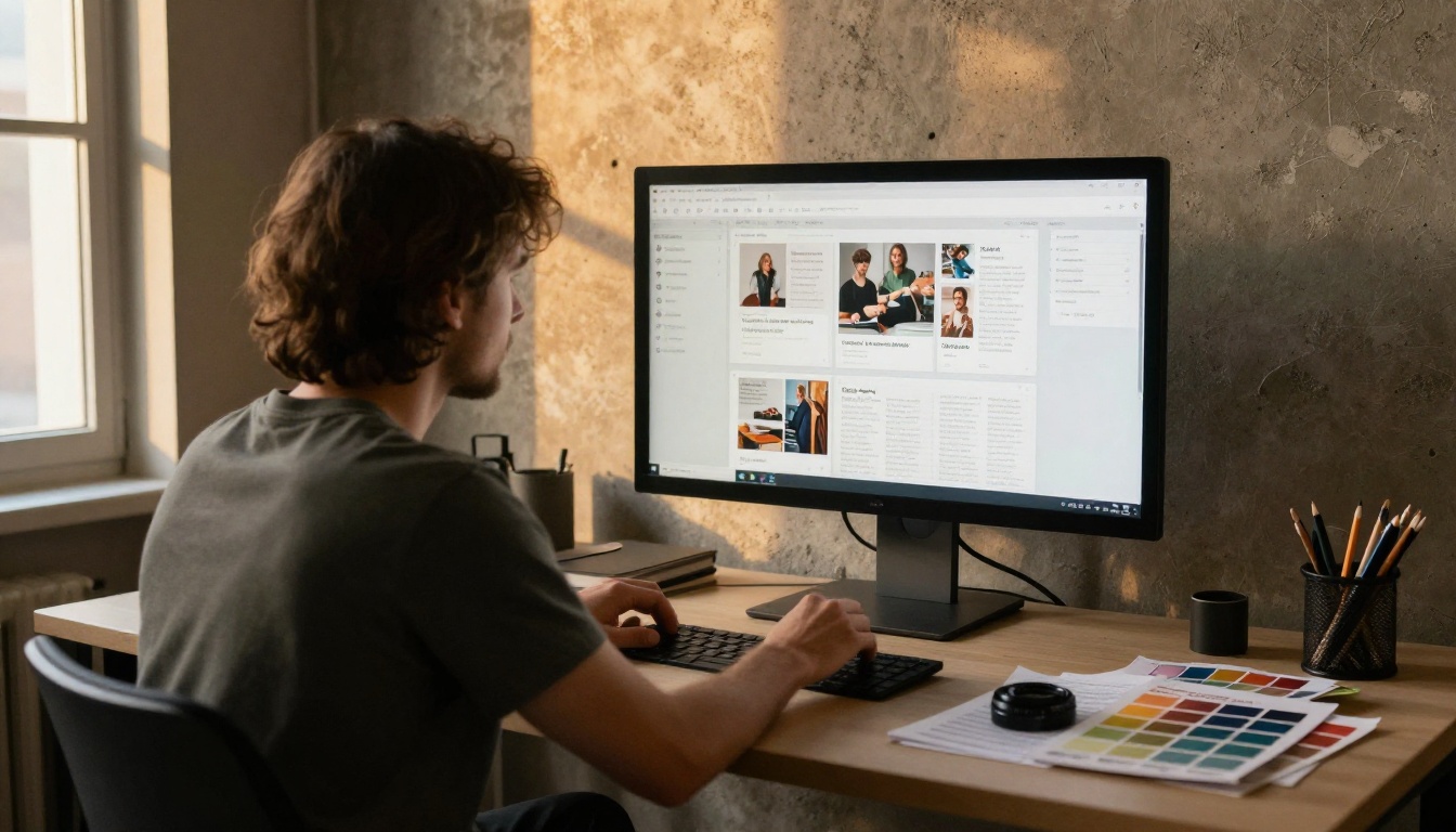 Graphic designer adjusting a magazine layout at a standing desk