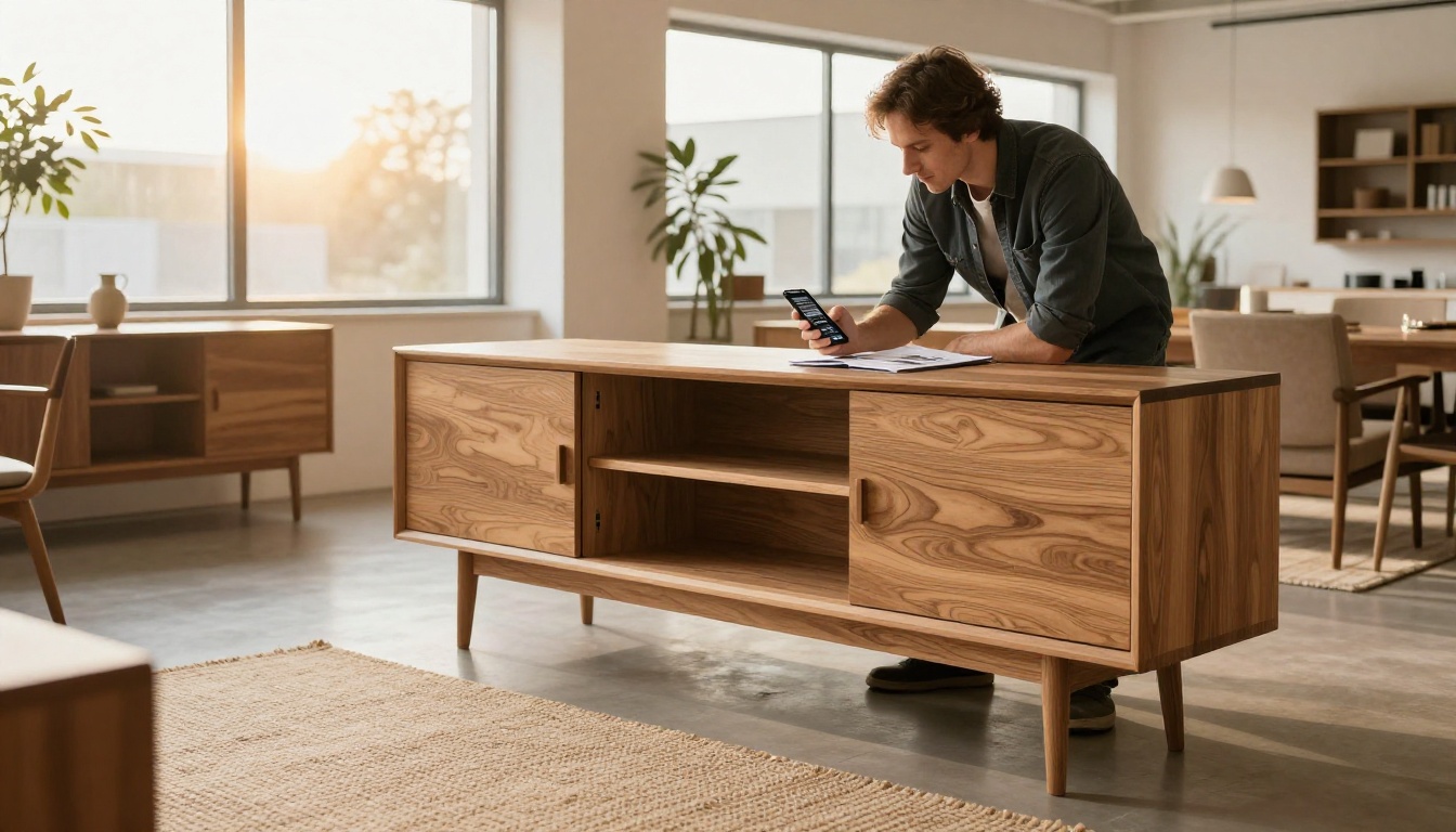 Furniture showroom owner scanning a sideboard with a phone