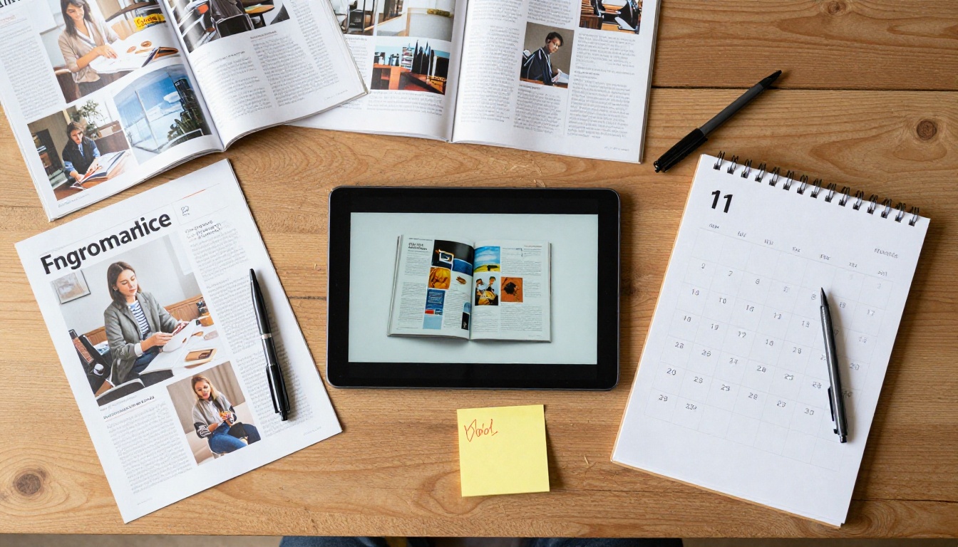 Overhead view of magazine proofs, a calendar and a tablet on a wooden table