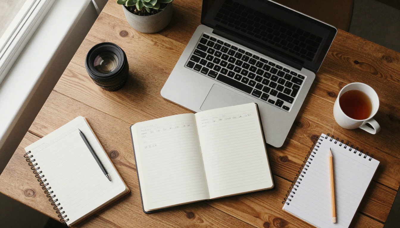 Overhead view of a desk with a laptop showing a page-flip booklet, a notebook and a cup of tea