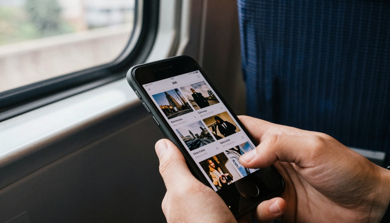 Close-up of a smartphone showing a digital magazine page on a train seat Close-up of a smartphone showing a digital magazine page on a train seat