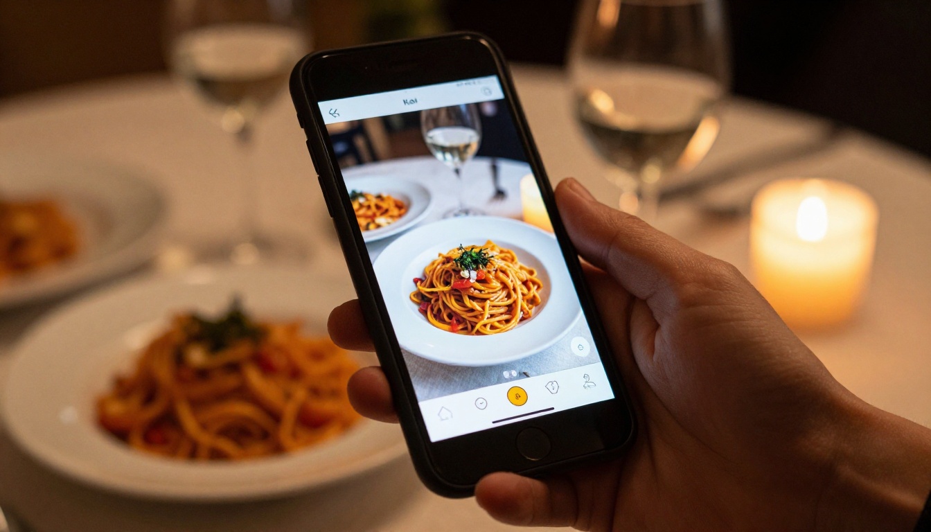 A hand holding a smartphone showing a restaurant menu at a candle-lit table