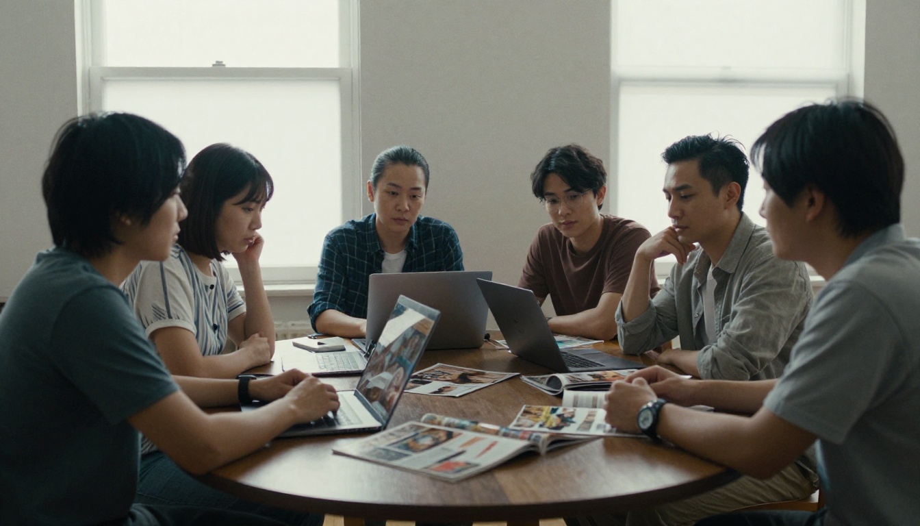 Four colleagues discussing a magazine issue around a round table in a meeting room Four colleagues discussing a magazine issue around a round table in a meeting room