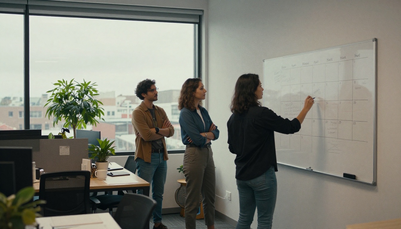 Publishing team standing meeting beside a whiteboard with a monthly schedule