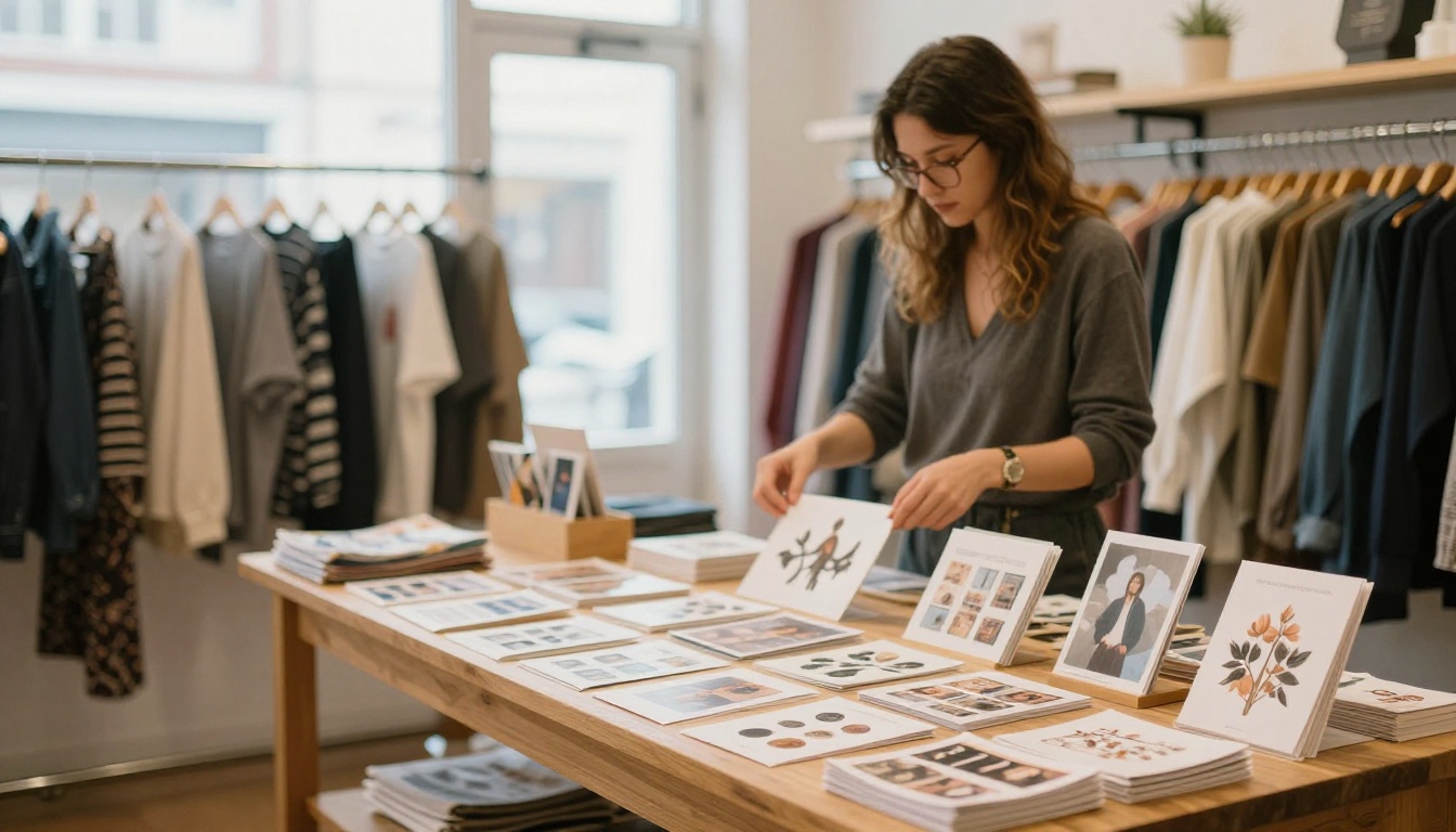 A woman arranging printed mini catalogs on a wooden display table inside a small boutique