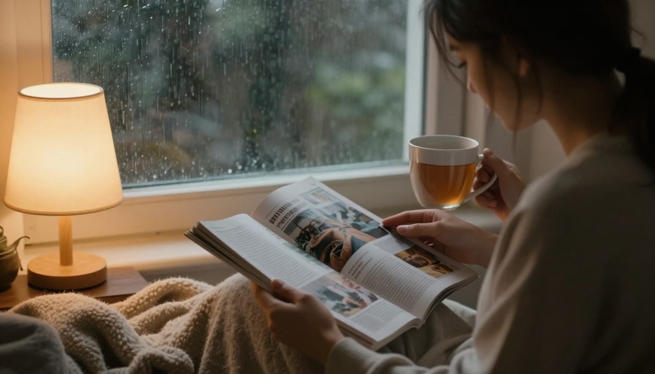 A woman reading a magazine in a cozy nook with a cup of tea while rain falls outside A woman reading a magazine in a cozy nook with a cup of tea while rain falls outside