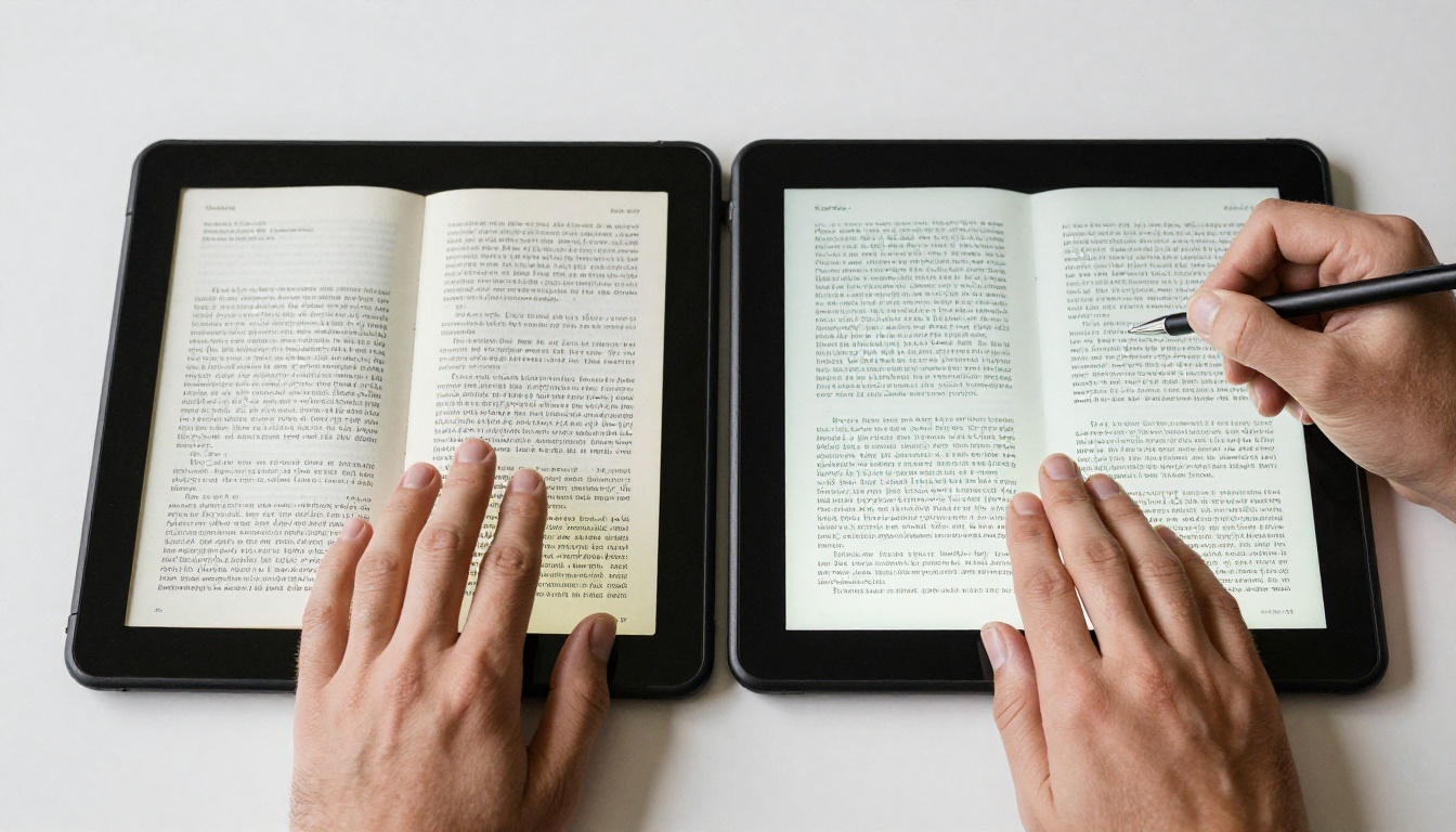 Close-up of two hands comparing two tablets showing different page-turning booklet layouts