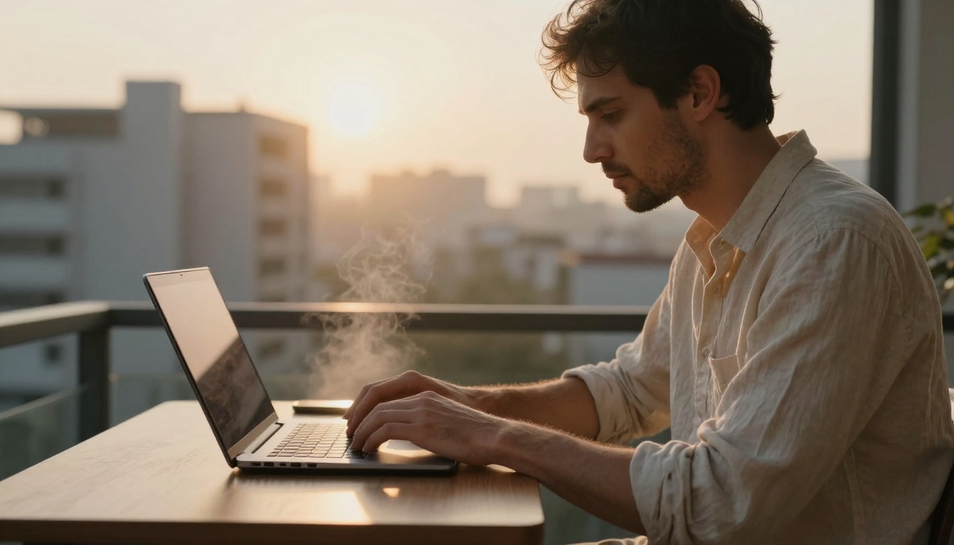 Man working on a laptop on a balcony at sunrise