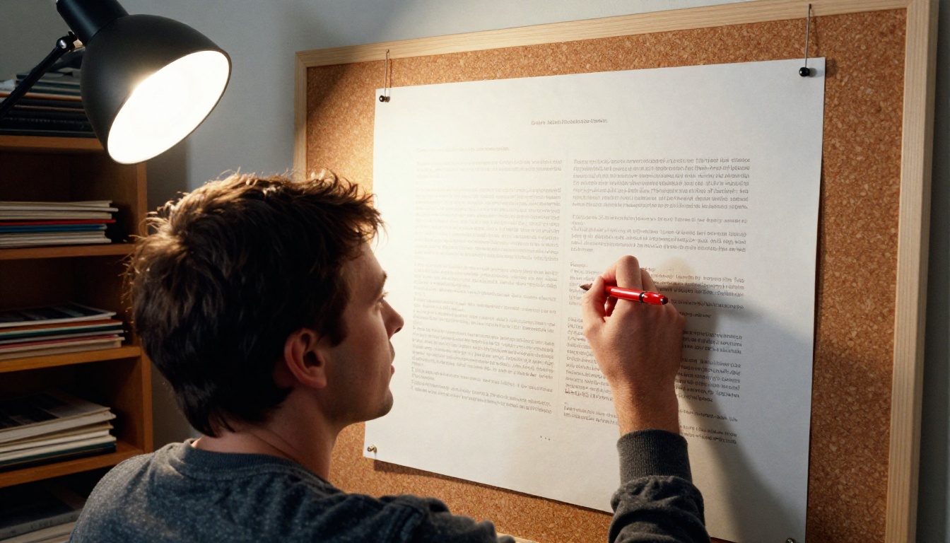Editor signing off a printed proof pinned to a corkboard