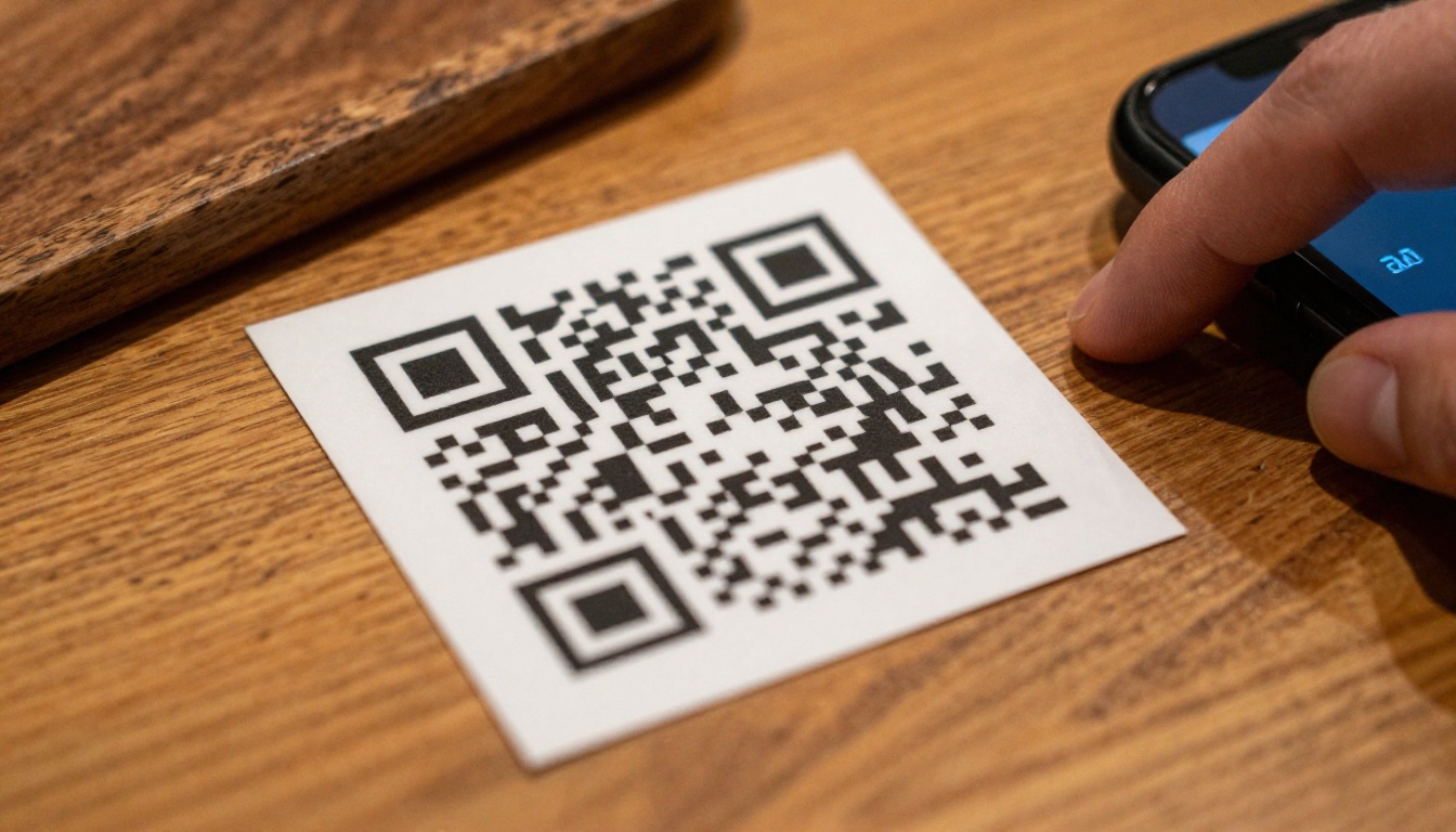 A hand about to scan a QR code printed on a small card on a wooden restaurant table