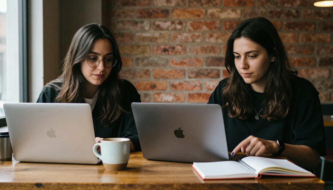 Two partners comparing pricing plans on a laptop at a café