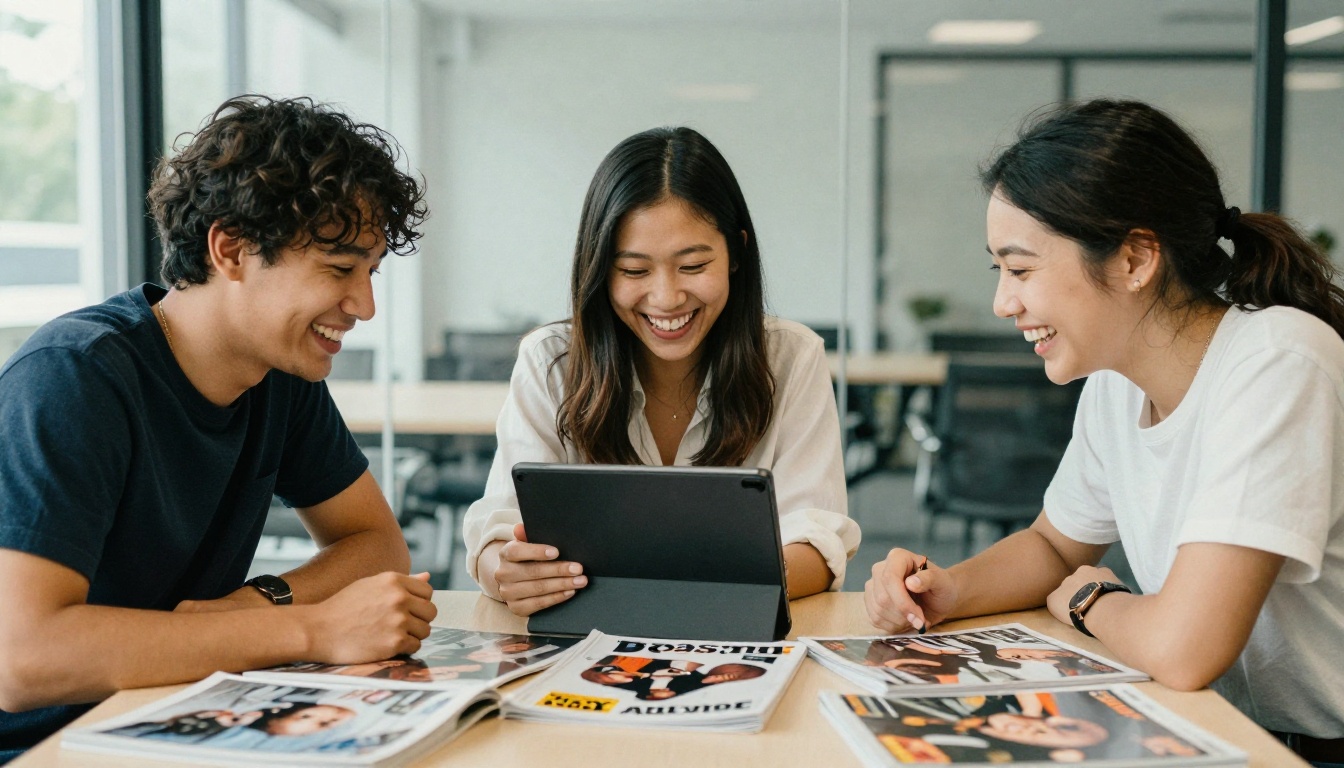 Colleagues laughing over a tablet and magazine mockups in a meeting room
