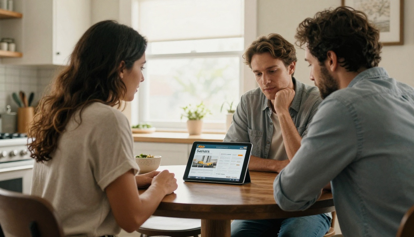A real estate agent and a couple looking at a digital brochure on a tablet at a kitchen table