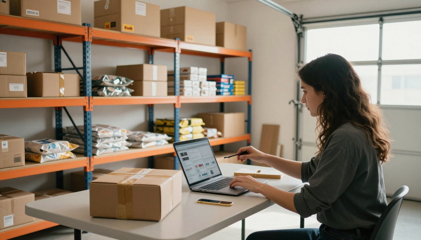 A woman packing orders in a home warehouse with a laptop showing a catalog