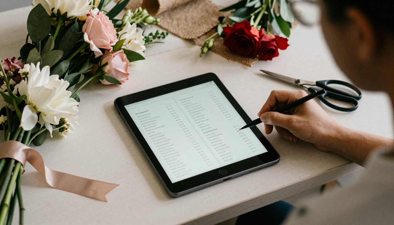 Bird's eye view of a florist's workbench with a tablet showing a flower price list