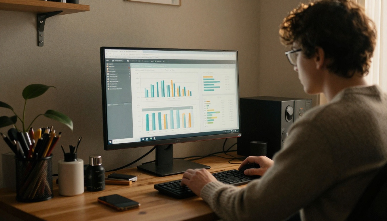 A small business owner reviewing analytics charts on a monitor in a home office