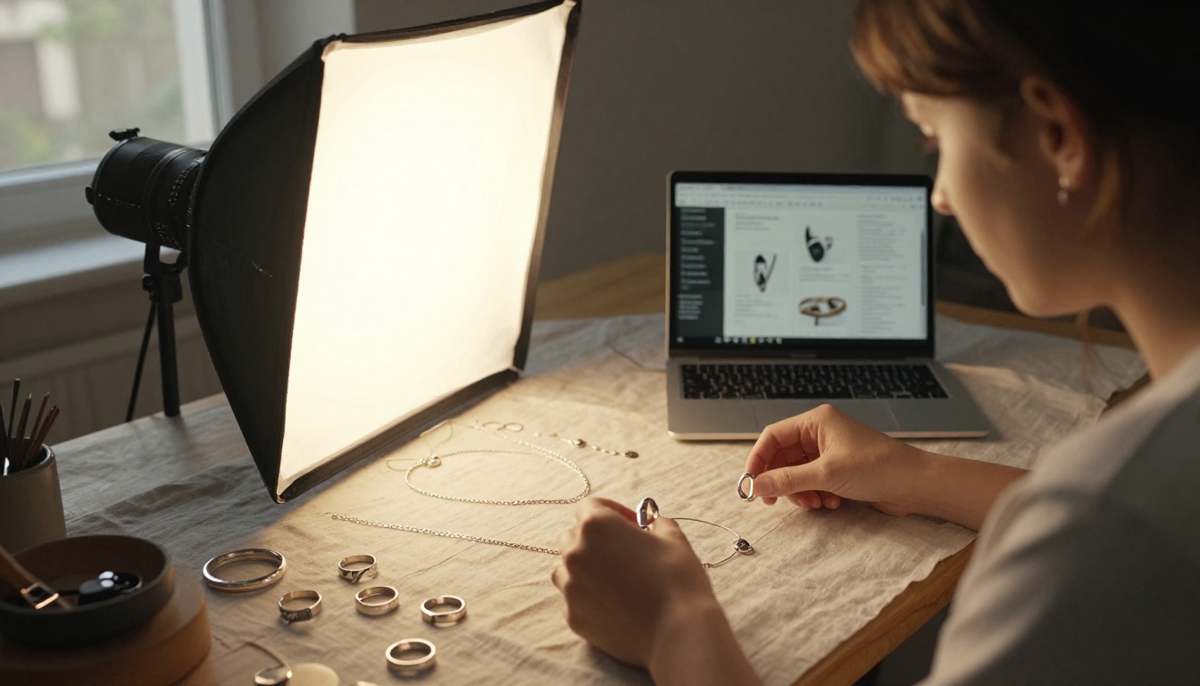 Jewelry maker photographing rings on a linen backdrop