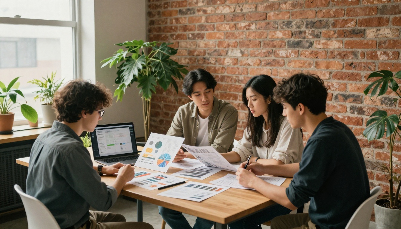 Small team reviewing a printed catalog and analytics on a laptop