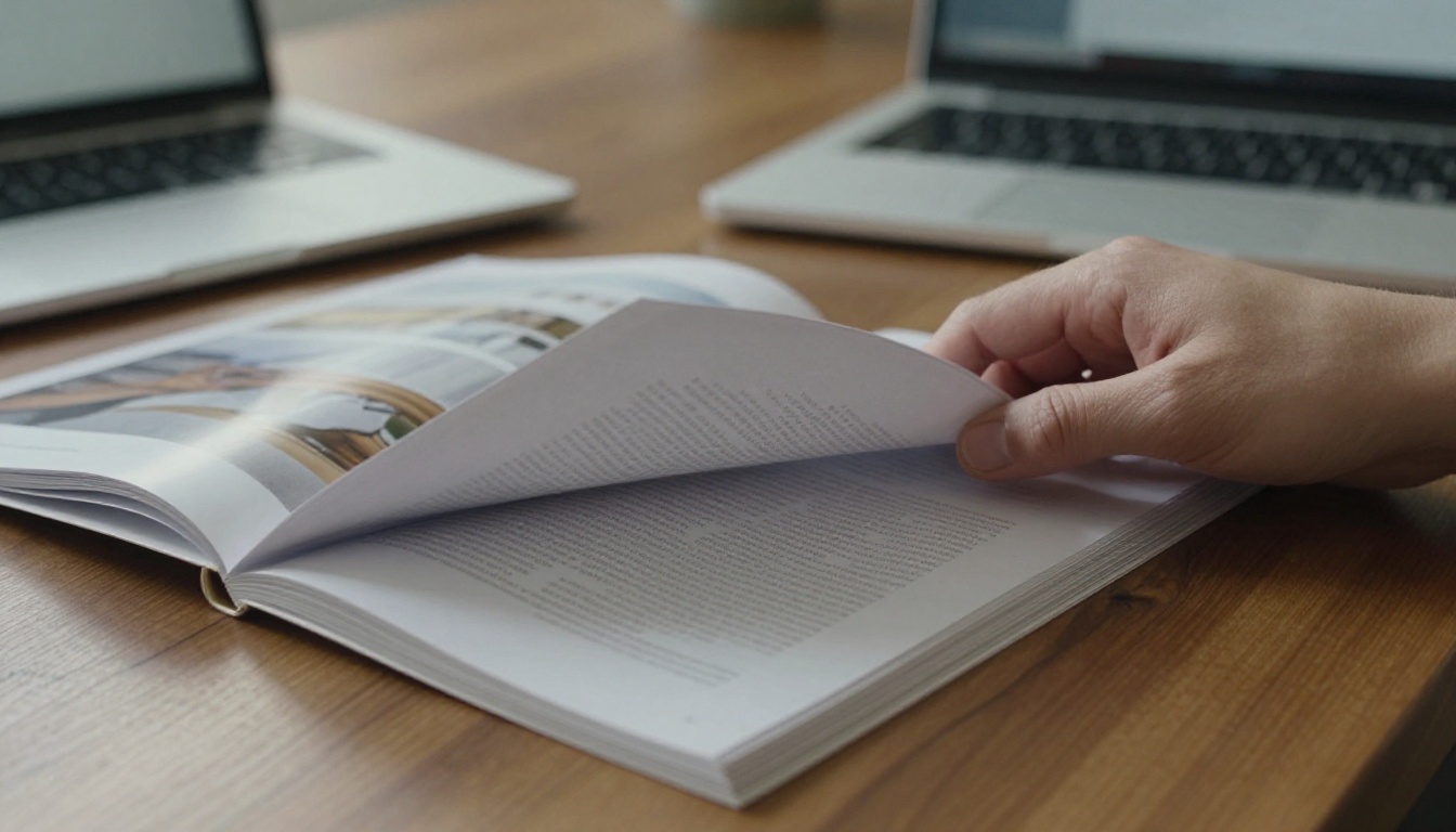 Hand turning a glossy catalog page on a walnut table Hand turning a glossy catalog page on a walnut table