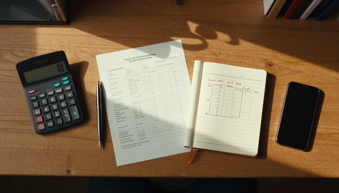 Overhead view of a desk with calculator, notebook and invoice for budget planning Overhead view of a desk with calculator, notebook and invoice for budget planning