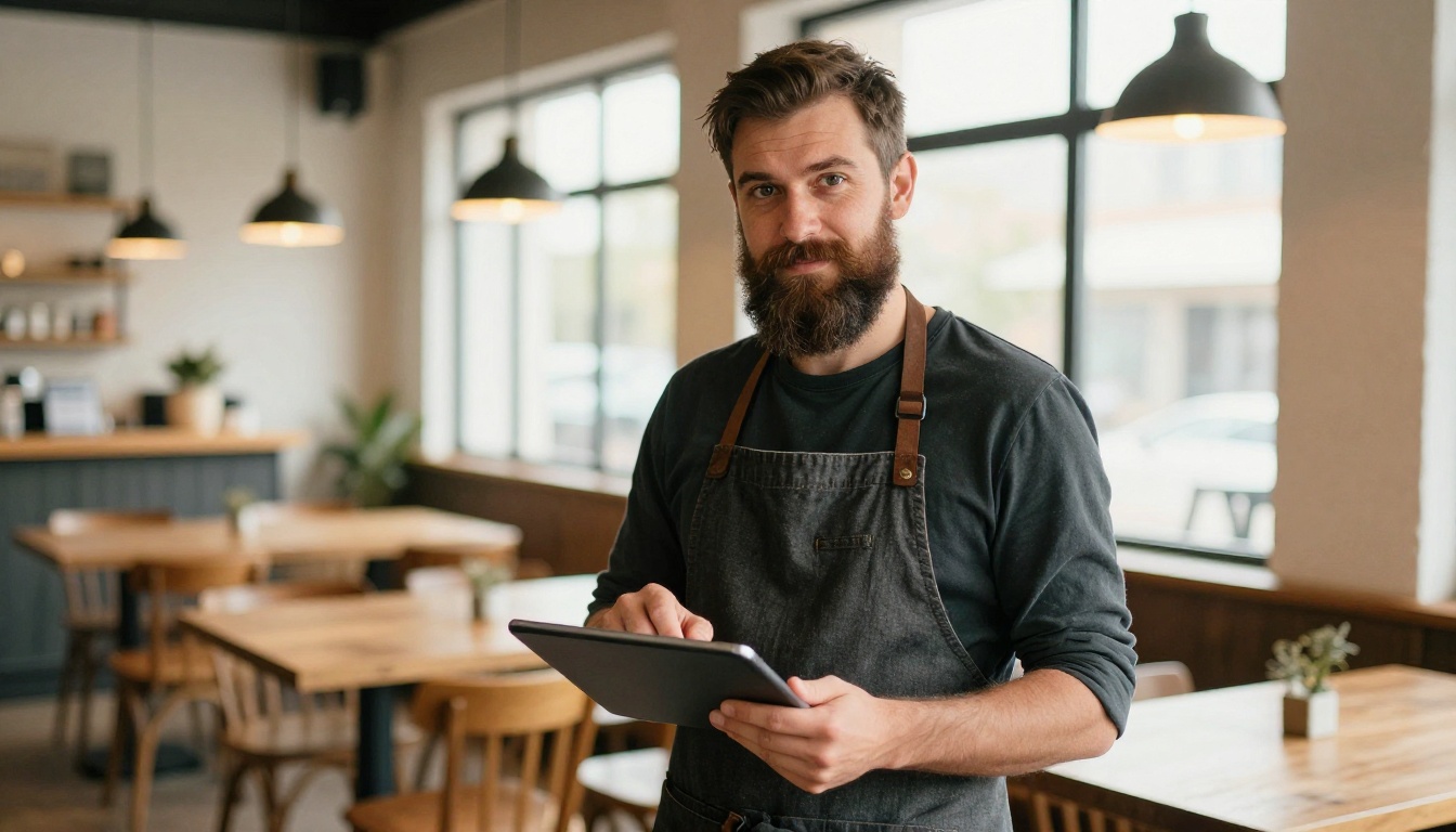 Café owner holding a tablet with a digital menu Café owner holding a tablet with a digital menu