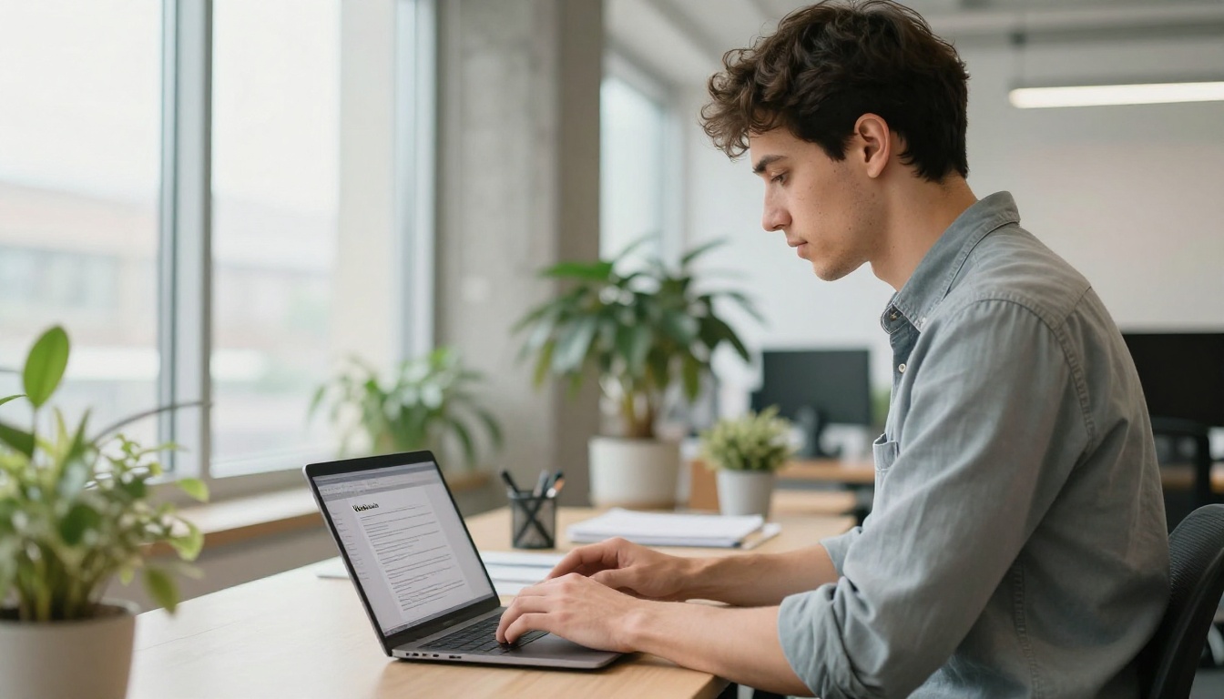Young man uploading a PDF on a laptop in a coworking space Young man uploading a PDF on a laptop in a coworking space