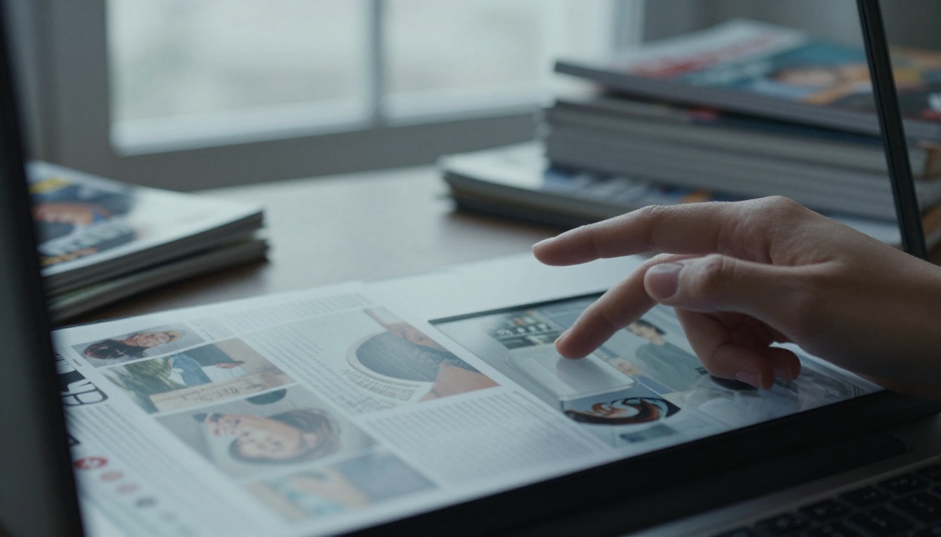 Close-up of a laptop showing a magazine layout beside printed magazines Close-up of a laptop showing a magazine layout beside printed magazines