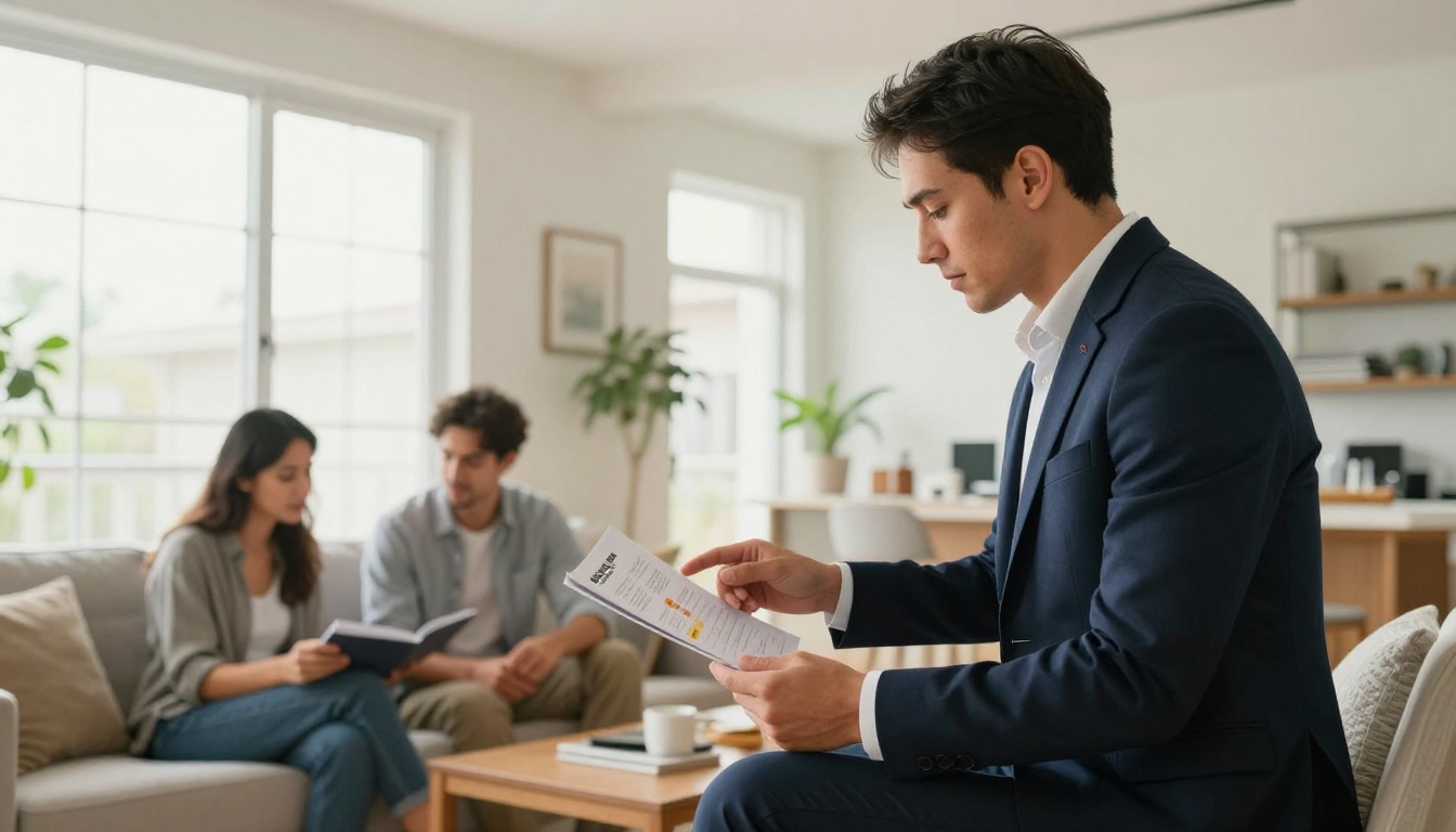 Real estate agent showing a brochure to a couple in a living room Real estate agent showing a brochure to a couple in a living room