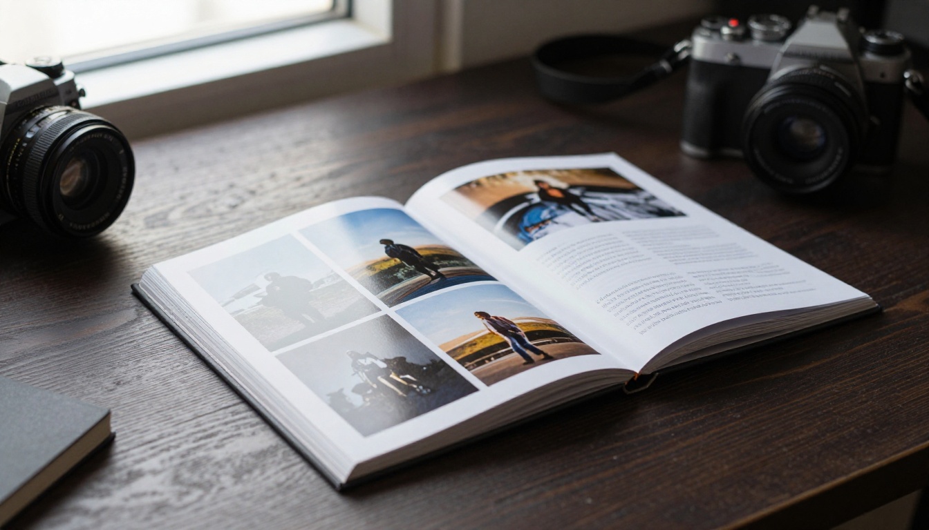 Photographer's portfolio book open beside a camera and prints Photographer's portfolio book open beside a camera and prints