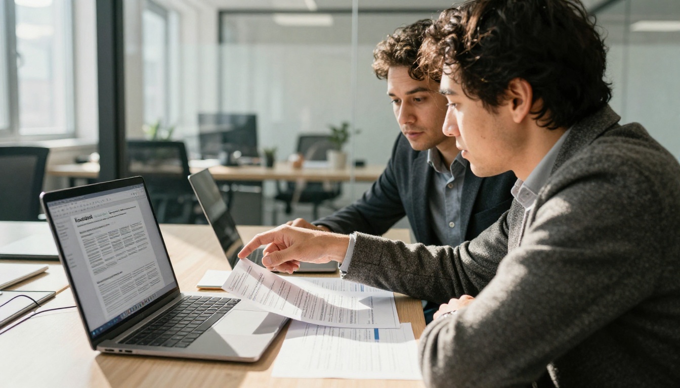 Two colleagues reviewing a printed report in a glass walled office Two colleagues reviewing a printed report in a glass walled office