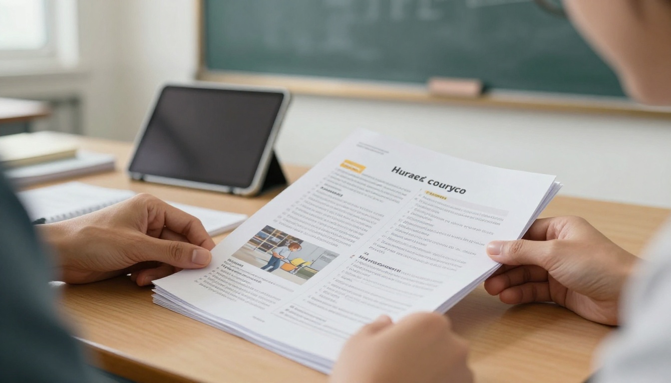 Teacher arranging printed course booklets beside a tablet Teacher arranging printed course booklets beside a tablet