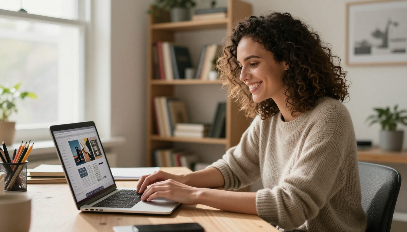 Freelance designer smiling at a laptop in a sunlit home office Freelance designer smiling at a laptop in a sunlit home office