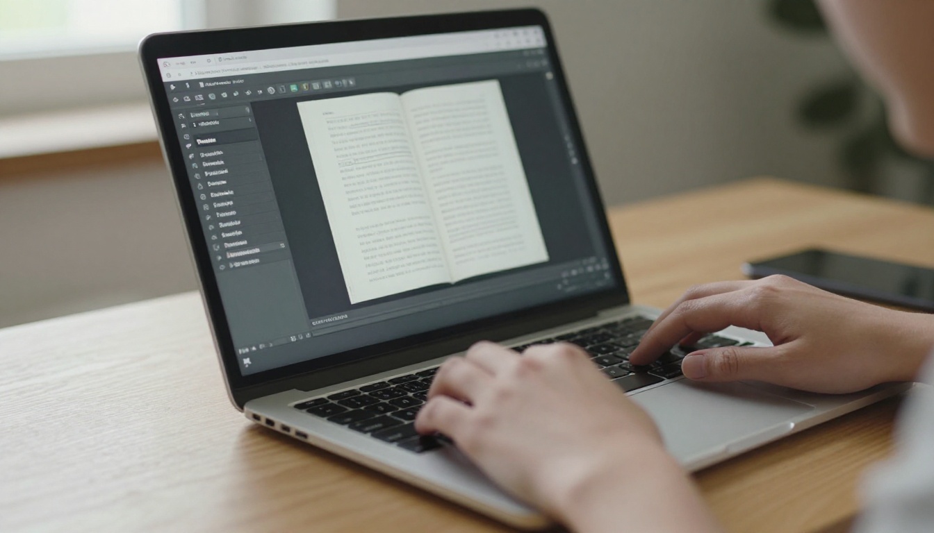 Hands scrolling a laptop trackpad while a browser shows a PDF becoming a flipbook