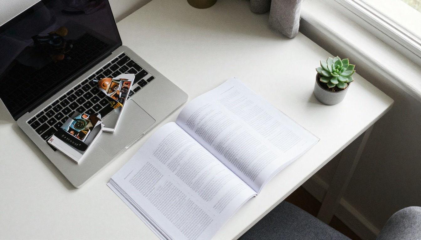 Aerial view of a desk with a laptop, tablet showing a magazine spread, and printed catalog pages