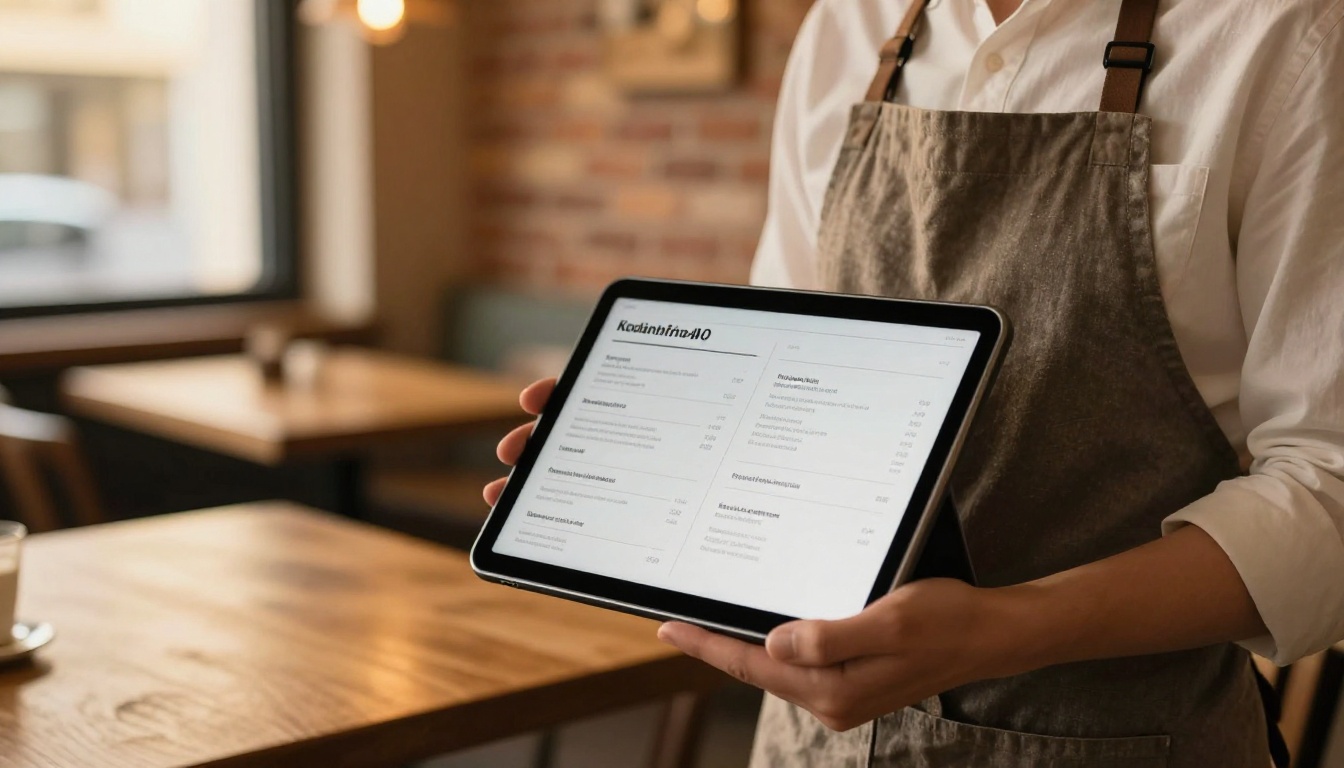 A restaurant owner holding a tablet displaying a digital menu with a page curl