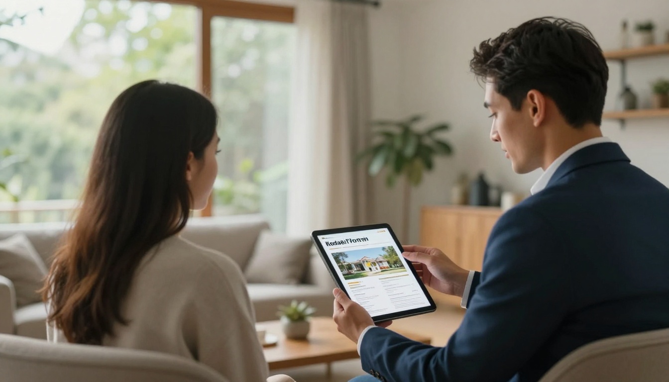 A real estate agent presenting a property brochure on a tablet to a young couple