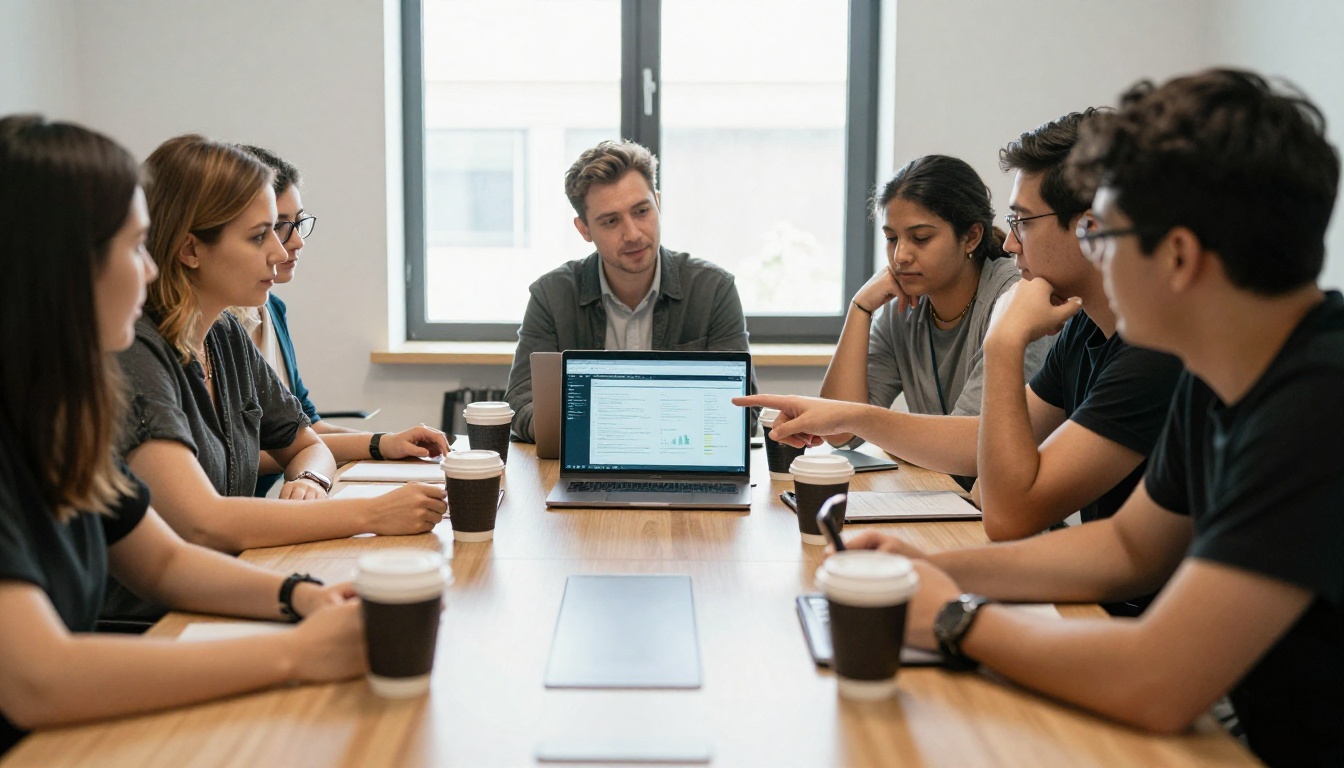 A team around a conference table looking at a digital annual report on a laptop