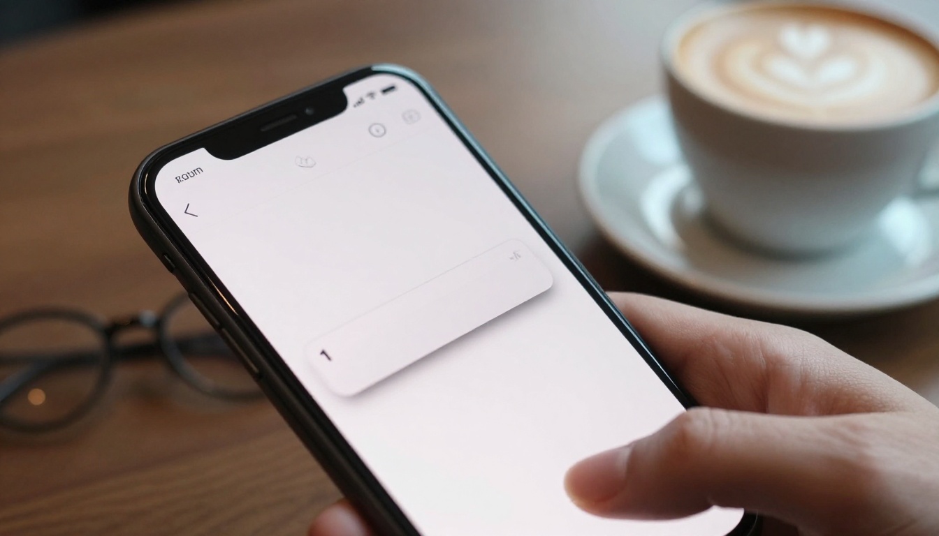 A smartphone held over a cafe table showing a flipbook page mid-turn