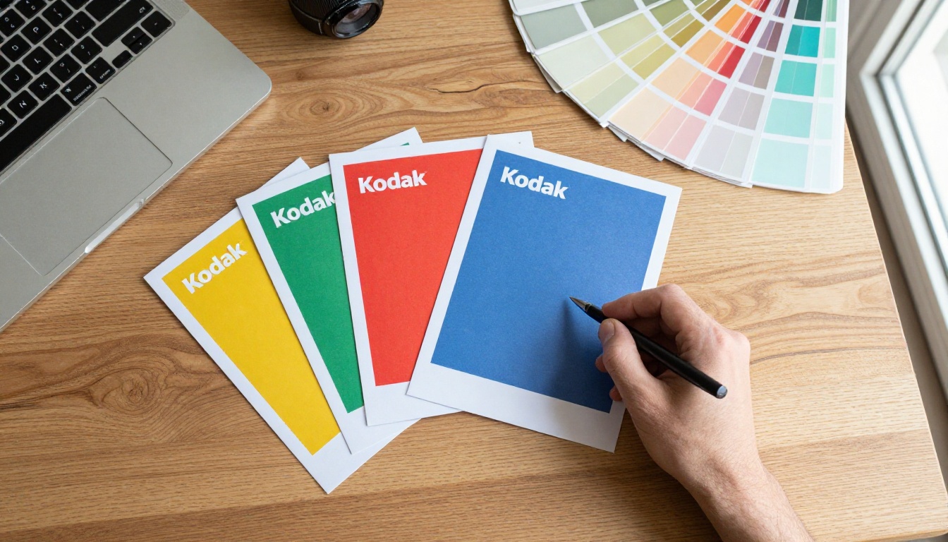 Overhead view of three branded flyers in different color schemes on a wooden desk